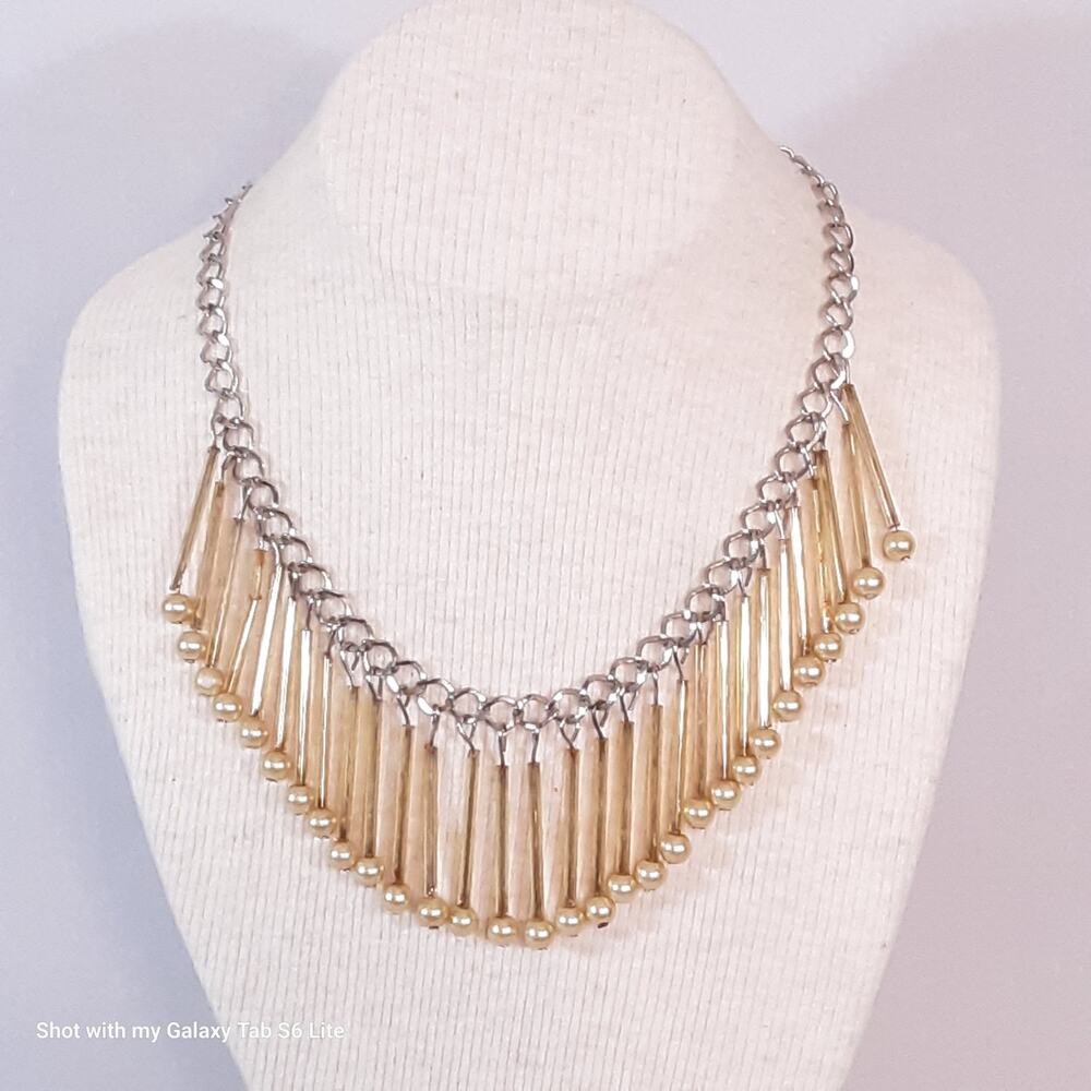 💎Choker Bib Necklace Silver Tone Chain With Gold Tone Lollipop Fringe